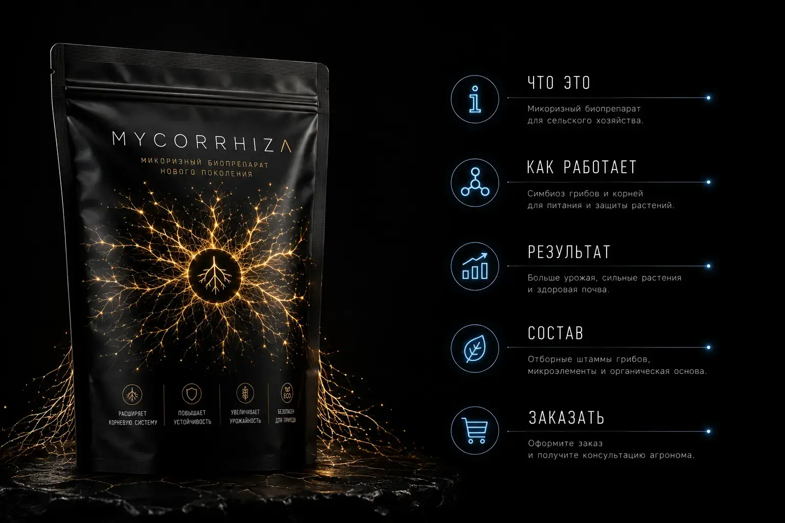 Карточка товара MYCORRHIZA на черном матовом пакете золотистая сетка гифов пять блоков текста что это как работает результат состав заказать