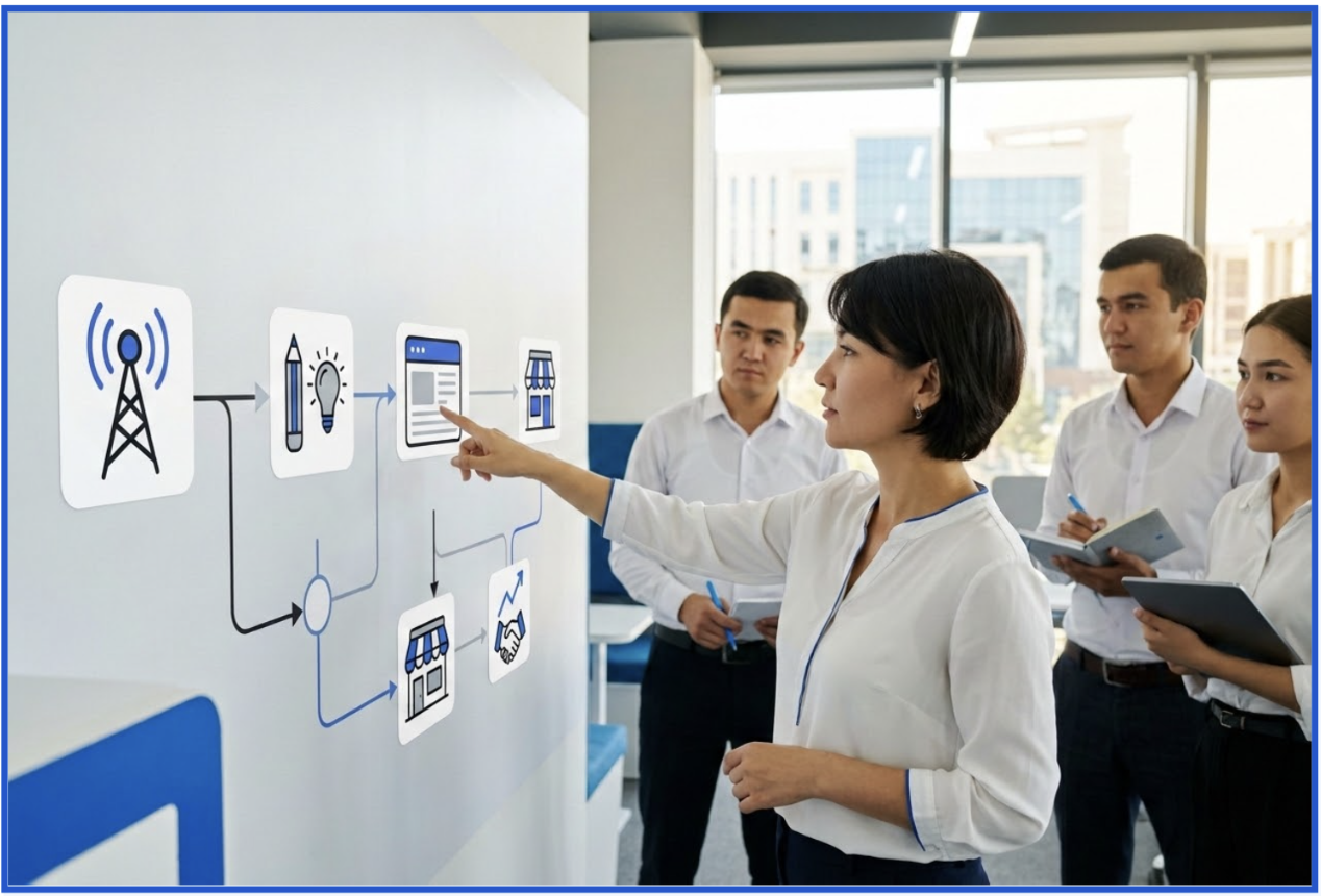 A marketing director checks dependencies across channels, creative, sales and measurement before launch.