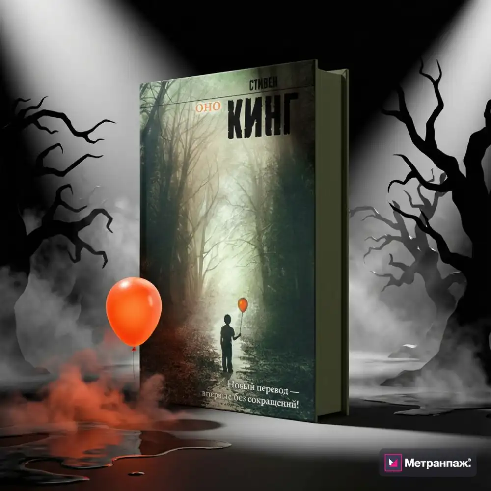 Мокап книги в хоррор-сцене с красным воздушным шаром