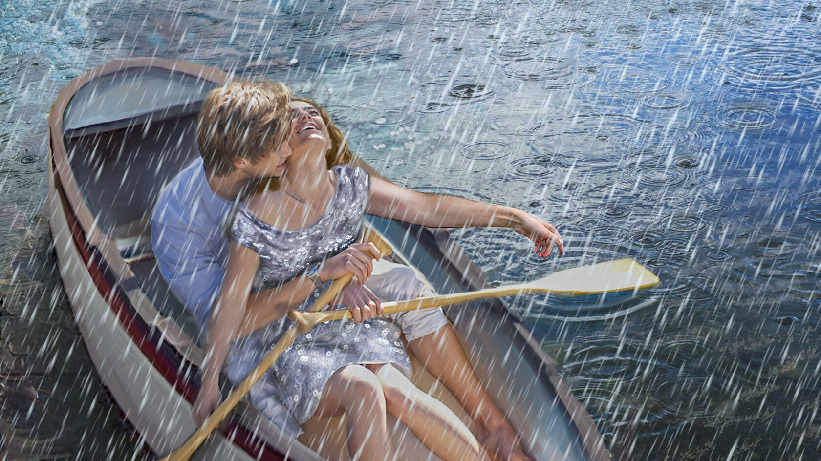 Сториборд парень девушка в лодке под дождем счастливые