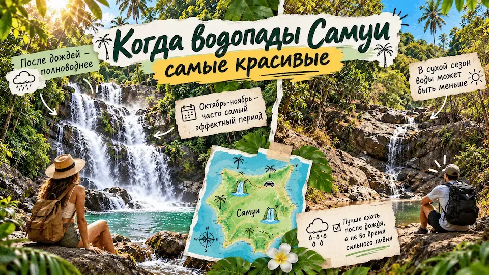 Полноводный водопад на Самуи после дождей в тропических джунглях
