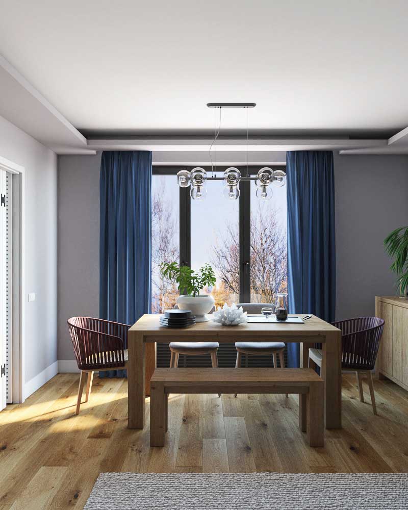 Столовая со скамейкой и деревянным буфетом. Синие шторы в гостиной, люстра прямоугольная над столом.