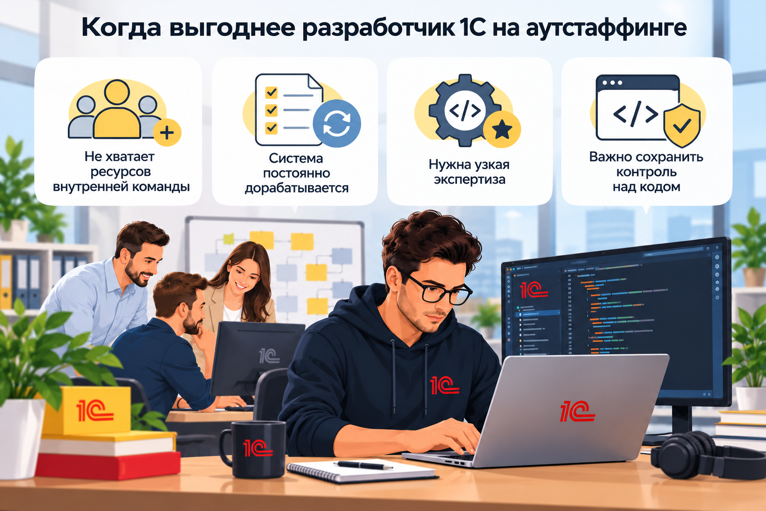 Когда выгоден аутстаффинг разработчиков 1С: нехватка ресурсов команды, постоянные доработки, узкая экспертиза и контроль над кодом.