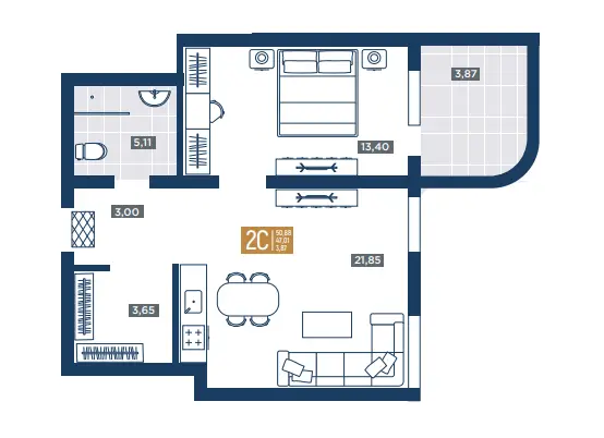 2-комнатный 50,88 м²