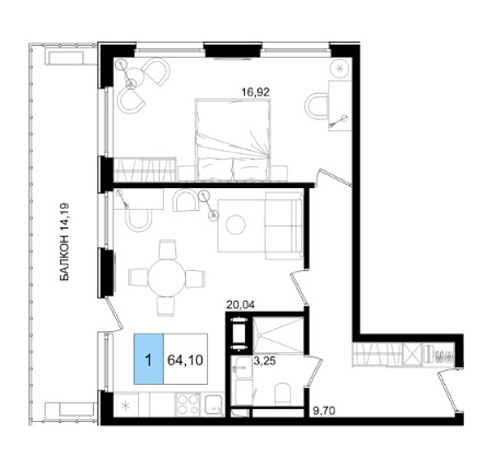 Планировка 1-комнатная 64,10 м²