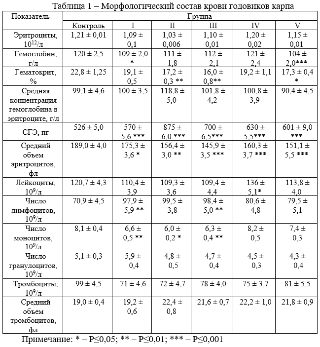 Морфологический состав крови годовиков карпа
