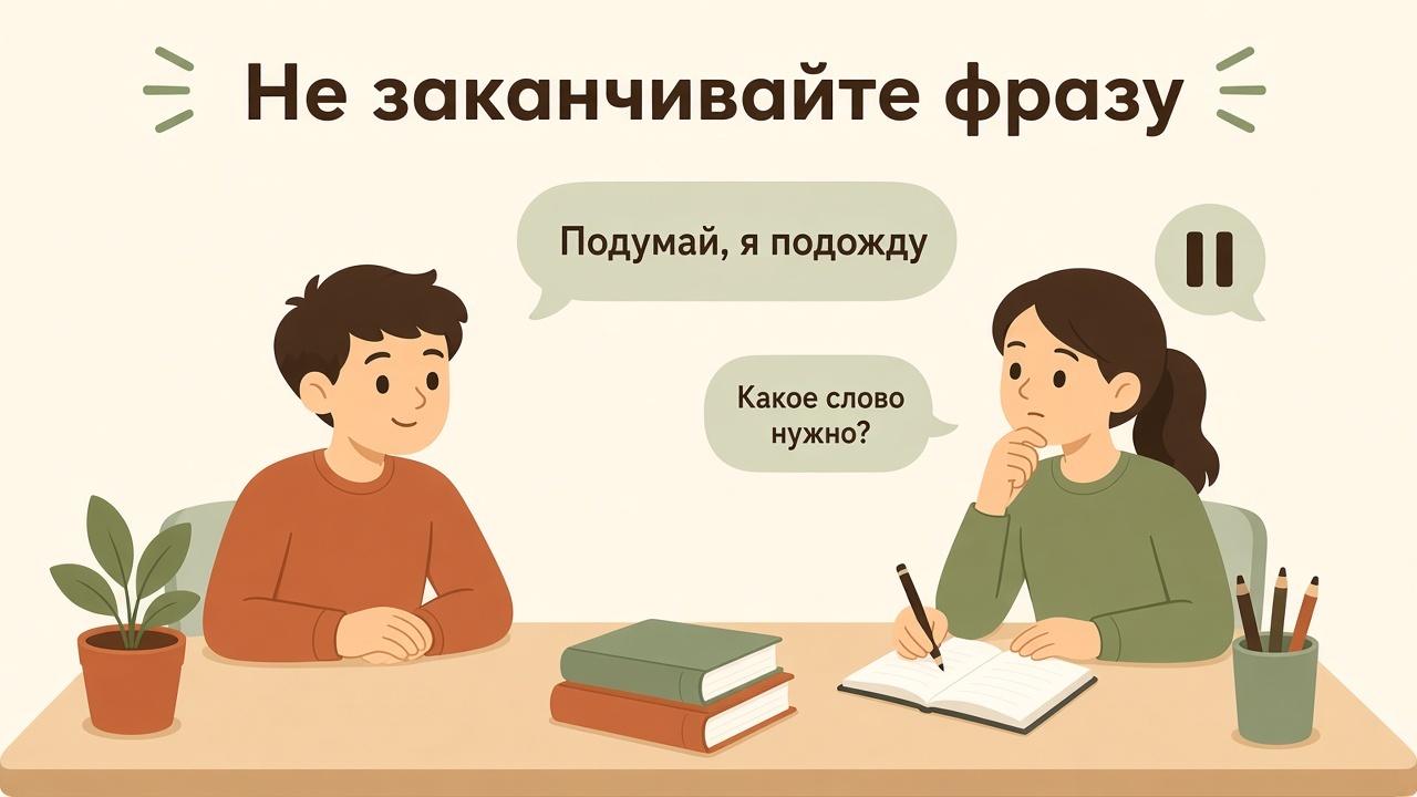 Партнёр ждёт с закрытым ртом, ребёнок думает, руки взрослого лежат неподвижно