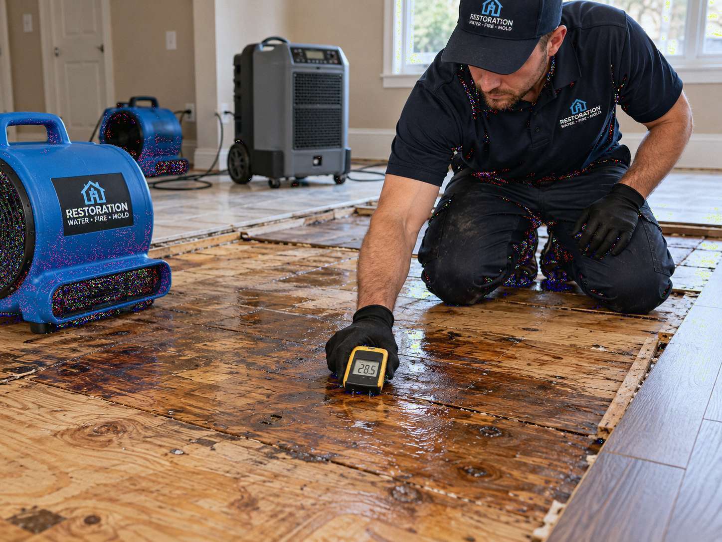 Subfloor water damage inspection with a restoration technician using a moisture meter to assess wet plywood subfloor during professional drying