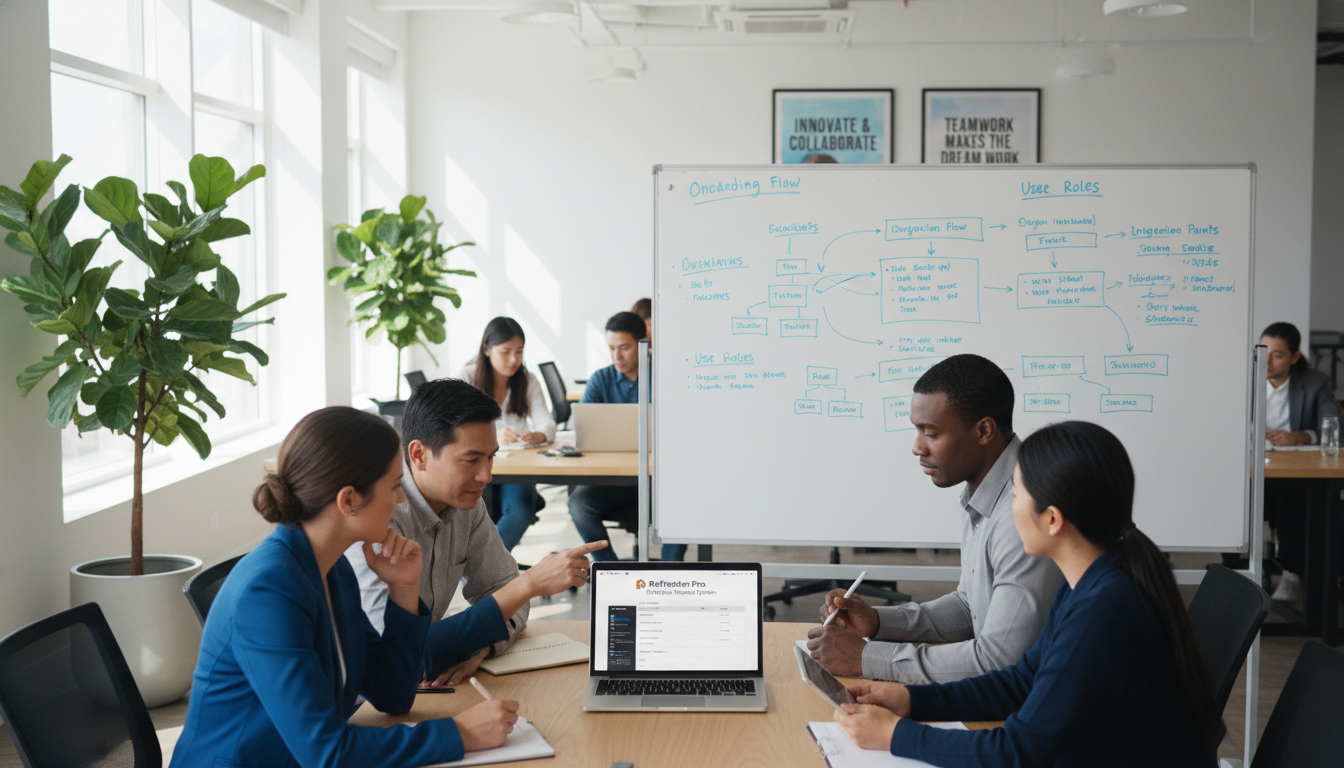 Professionals at a software implementation meeting