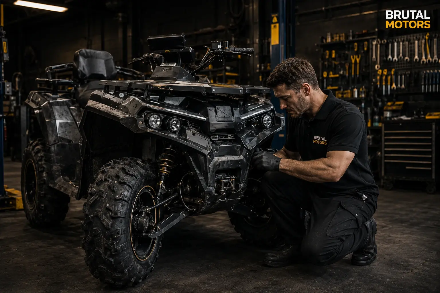 Ремонт квадроциклов других марок в Brutal Motors Механик Brutal Motors диагностирует квадроцикл другой марки в профессиональной мастерской