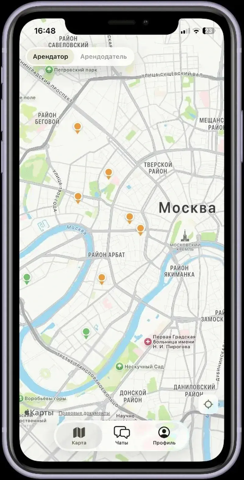 Экран приложения PlaceSharing: карта Москвы с отметками парковочных мест