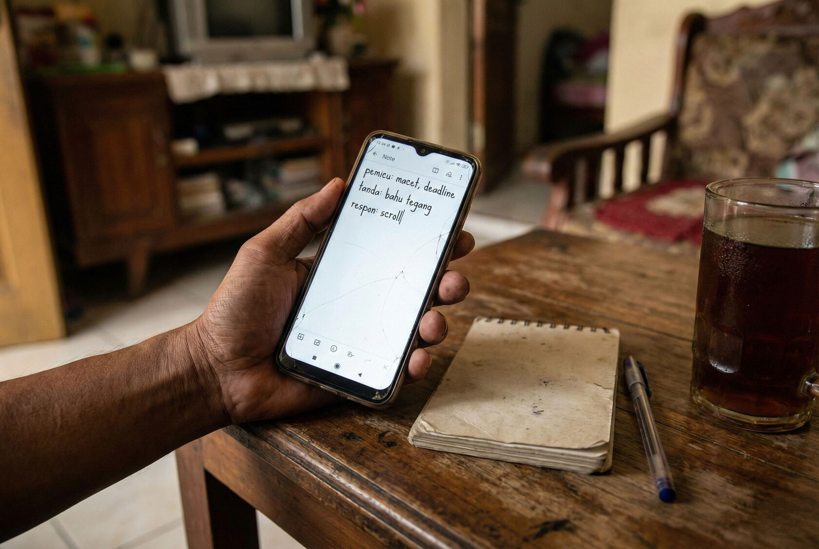 Catatan di ponsel tentang pemicu stres, tanda tubuh, dan respons kebiasaan sebagai langkah awal mengenali stres