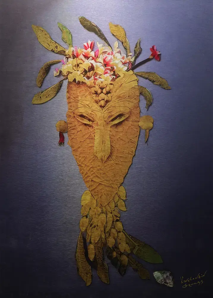 Silence is Gold from the Extended Moment series — a face composed of leaves, flowers and a crystal. UV print on aluminium Dibond, 2024