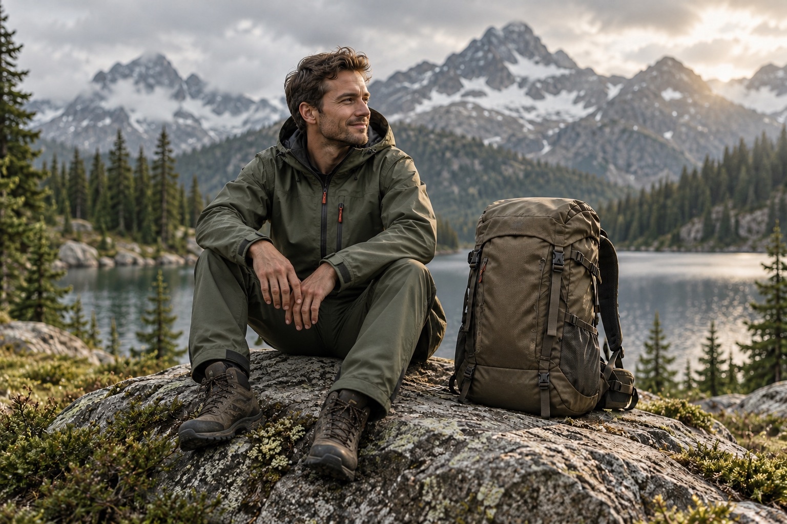 Турист в outdoor-костюме у горного озера — иллюстрация кейса бренда экипировки