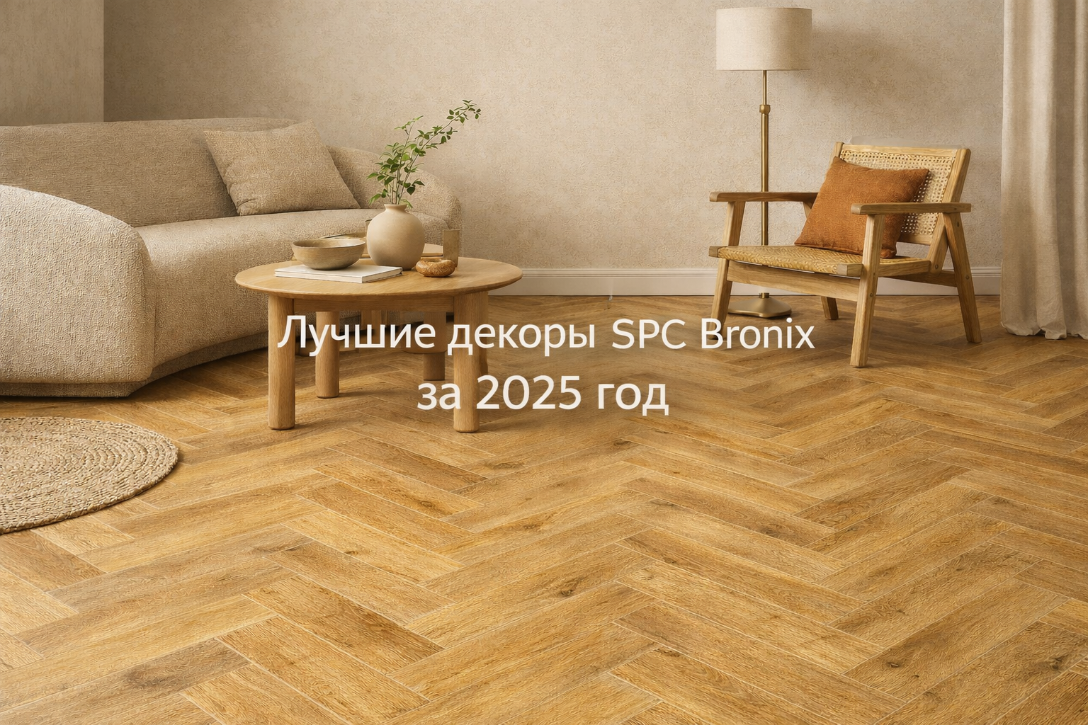 Стильный интерьер гостиной с SPC-покрытием Bronix Zitrin на полу и центральной надписью «Лучшие декоры SPC Bronix за 2025 год». Подходит для материалов о трендах и топ-продажах напольных покрытий в России, а также для публикаций Parket Brothers в Санкт-Пе