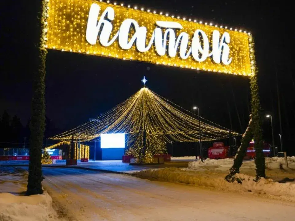 Вход на каток Парка Малевича с гирляндами зимним вечером