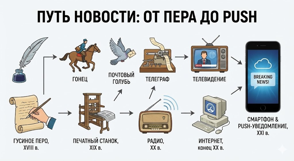 Инфографика, показывающая путь новости от гусиного пера до мгновенного push-уведомления на смартфоне