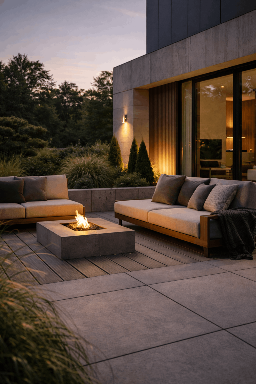 Термодеревянная терраса при сумерках