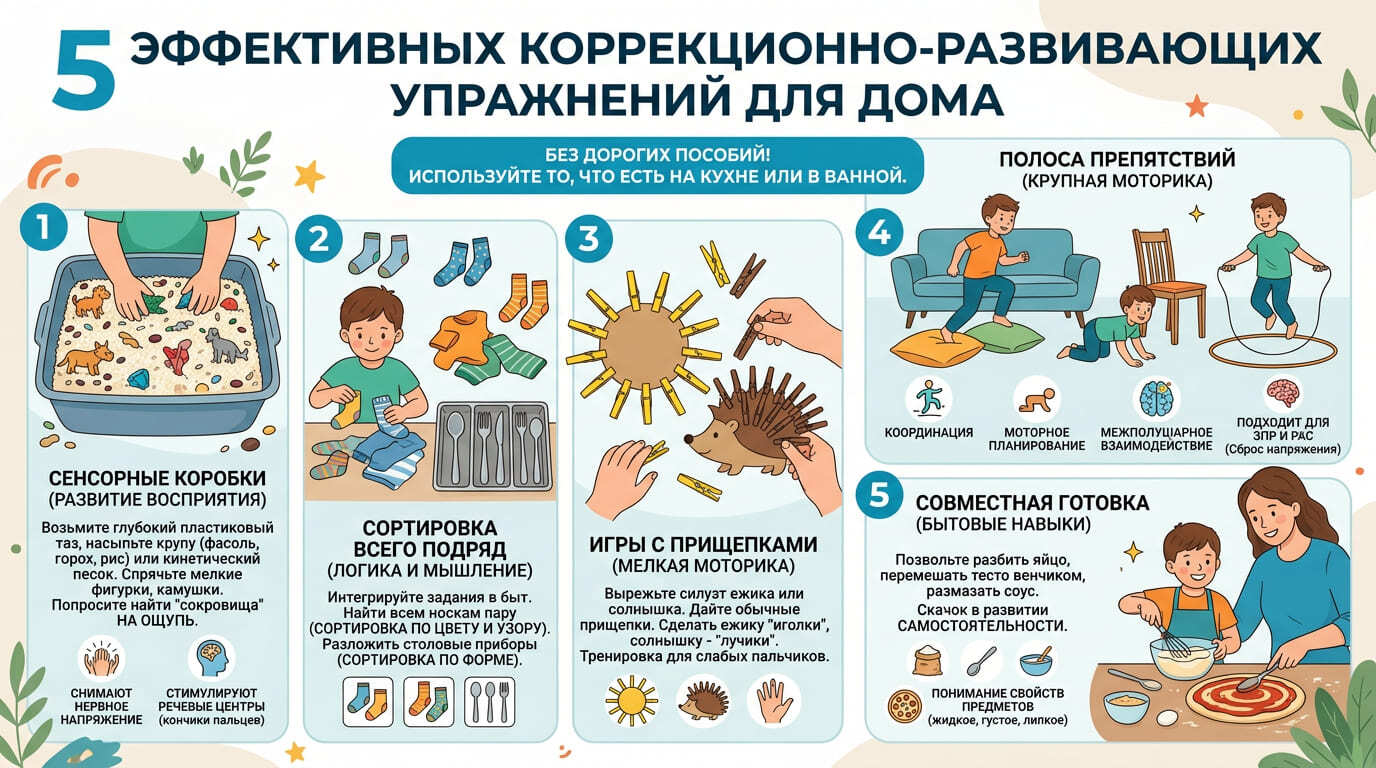 5 эффективных коррекционно-развивающих упражнений для дома Чтобы организовать классные развивающие занятия с детьми зпр, вам не нужны дорогие пособия. Используйте то, что есть на кухне или в ванной. 1. Сенсорные коробки (развитие восприятия) Возьмите глубокий пластиковый таз и насыпьте туда любую крупу (фасоль, горох, рис) или кинетический песок. Спрячьте внутри мелкие фигурки животных или стеклянные камушки. Попросите ребенка найти сокровища на ощупь. Такие игры для детей с задержкой развития прекрасно снимают нервное напряжение и стимулируют нервные окончания на кончиках пальцев, которые связаны с речевыми центрами мозга. 2. Сортировка всего подряд (логика и мышление) Интегрируйте развивающие задания для детей с зпр в быт. Вытащили белье из стиральной машины? Попросите малыша найти всем носкам пару (сортировка по цвету и узору). Разбираете посудомойку? Пусть ребенок разложит столовые приборы: ложки в один отсек, вилки в другой (сортировка по форме). 3. Игры с прищепками (мелкая моторика) Коррекционно развивающие упражнения для зпр на моторику не обязательно должны быть скучными. Вырежьте из картона силуэт ежика или солнышка. Дайте ребенку обычные бельевые прищепки и попросите сделать ежику «иголки», а солнышку — «лучики». Нажимать на тугую прищепку — отличная тренировка для слабых пальчиков. 4. Полоса препятствий (крупная моторика) Развитие мозга начинается с развития тела. Постройте в гостиной полосу препятствий: перешагнуть через диванную подушку, пролезть под стулом, запрыгнуть двумя ногами в обруч из скакалки. Это тренирует координацию, моторное планирование и межполушарное взаимодействие. (Кстати, такие физические паузы отлично дополняют коррекционно развивающие занятия для детей с рас, помогая сбросить напряжение). 5. Совместная готовка (бытовые навыки) Познавательное развитие зпр прекрасно тренируется на кухне. Позвольте ребенку разбить яйцо в миску, перемешать тесто венчиком или размазать соус по тесту для пиццы. Да, потом придется отмывать кухню, но для ребенка это мощнейший скачок в развитии самостоятельности и понимании свойств предметов (жидкое, густое, липкое).