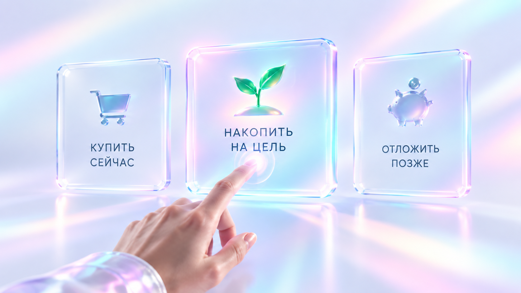 Три стеклянные карточки выбора: купить сейчас, накопить на цель, отложить позже