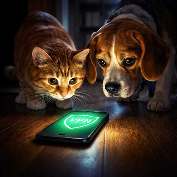 Кошка и собака осторожно рассматривают светящийся смартфон с включенным VPN в темной комнате