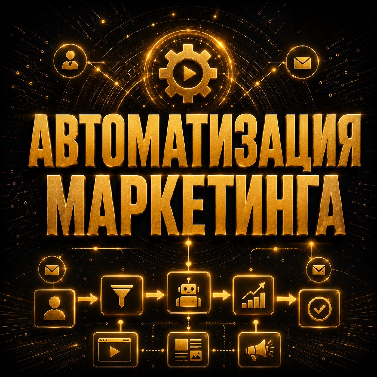 Золотой баннер с надписью «Автоматизация маркетинга», схемой маркетинговой воронки, иконками клиента, бота, рекламы, писем и роста продаж.