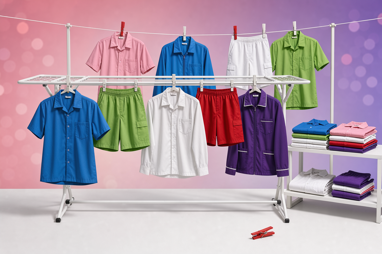 Uniforms hung to dry on a ventilated drying rack and clothesline: shirts, shorts and jackets spaced apart to air-dry, with a small shelf showing neatly folded clean garments