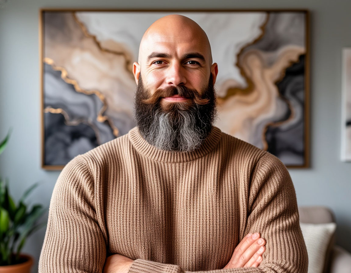 Крутой лысый парень в свитере с бородой в бежевом свитере на фоне бежевой картины-абстракции в пастельных тонах спиртовыми чернилами или репродукции авторской флюид арт картины литьём