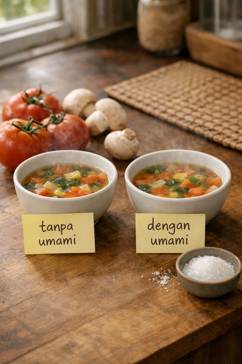 Perbandingan dua mangkuk sup tanpa umami dan dengan umami untuk menunjukkan perbedaan rasa gurih pada masakan rumahan