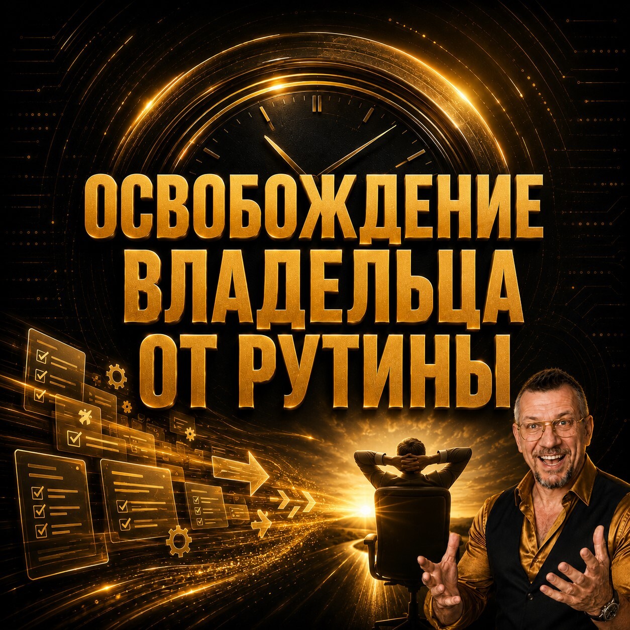 Золотой баннер с надписью «Освобождение владельца от рутины», списками задач, автоматизацией процессов и предпринимателем на фоне цифрового потока.