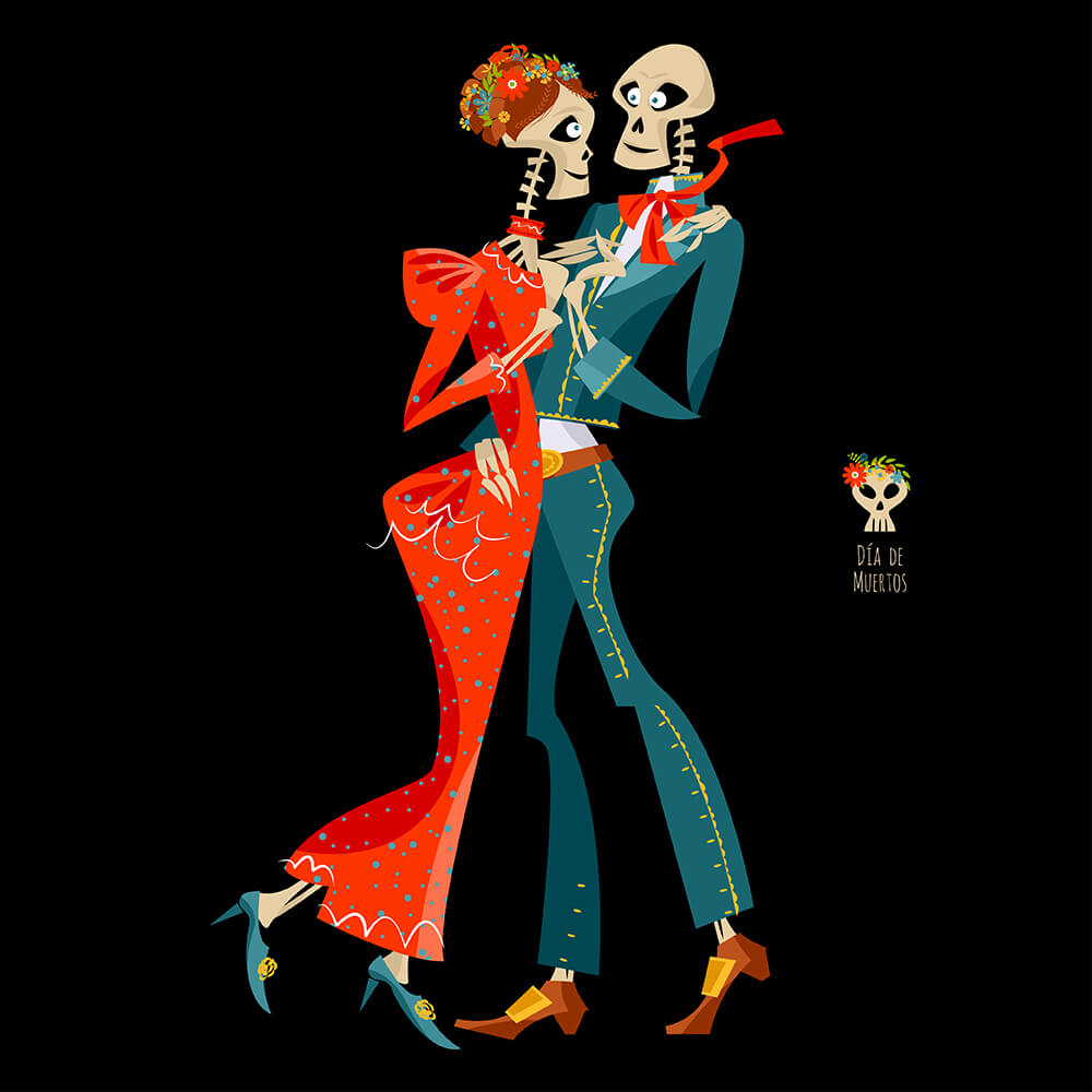 Скелеты мужчины и женщины танцуют танго