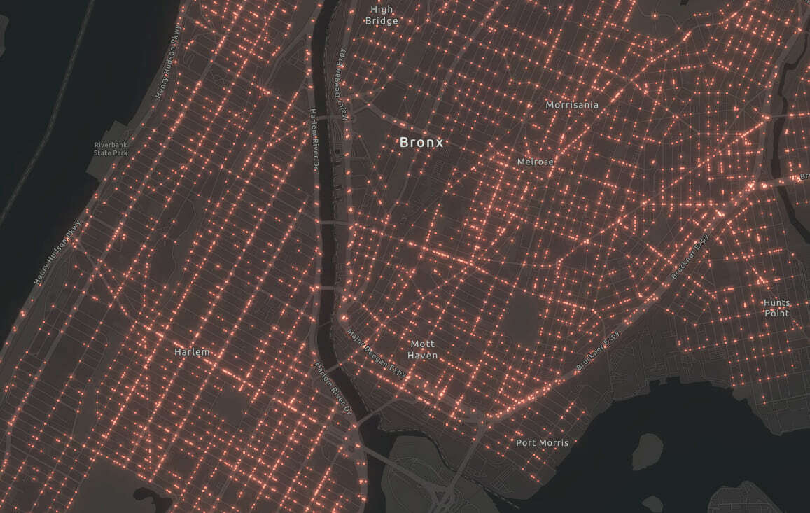 The density of motor vehicle crashes in Bronx, New York City (2020) visualized with bloom.
