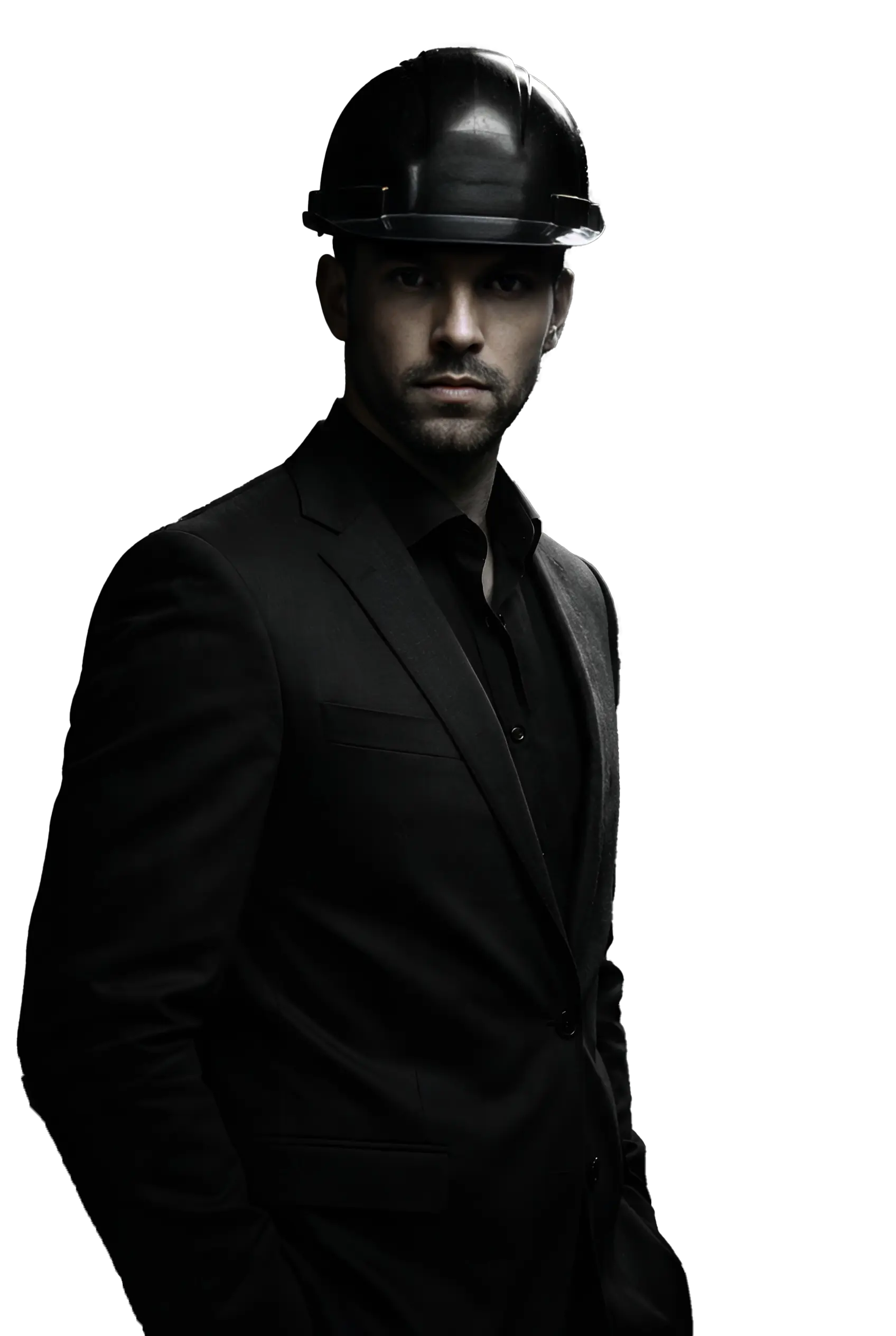 изображение мужчины в костюме и строительной каске, символизирующее строгие и точные решения