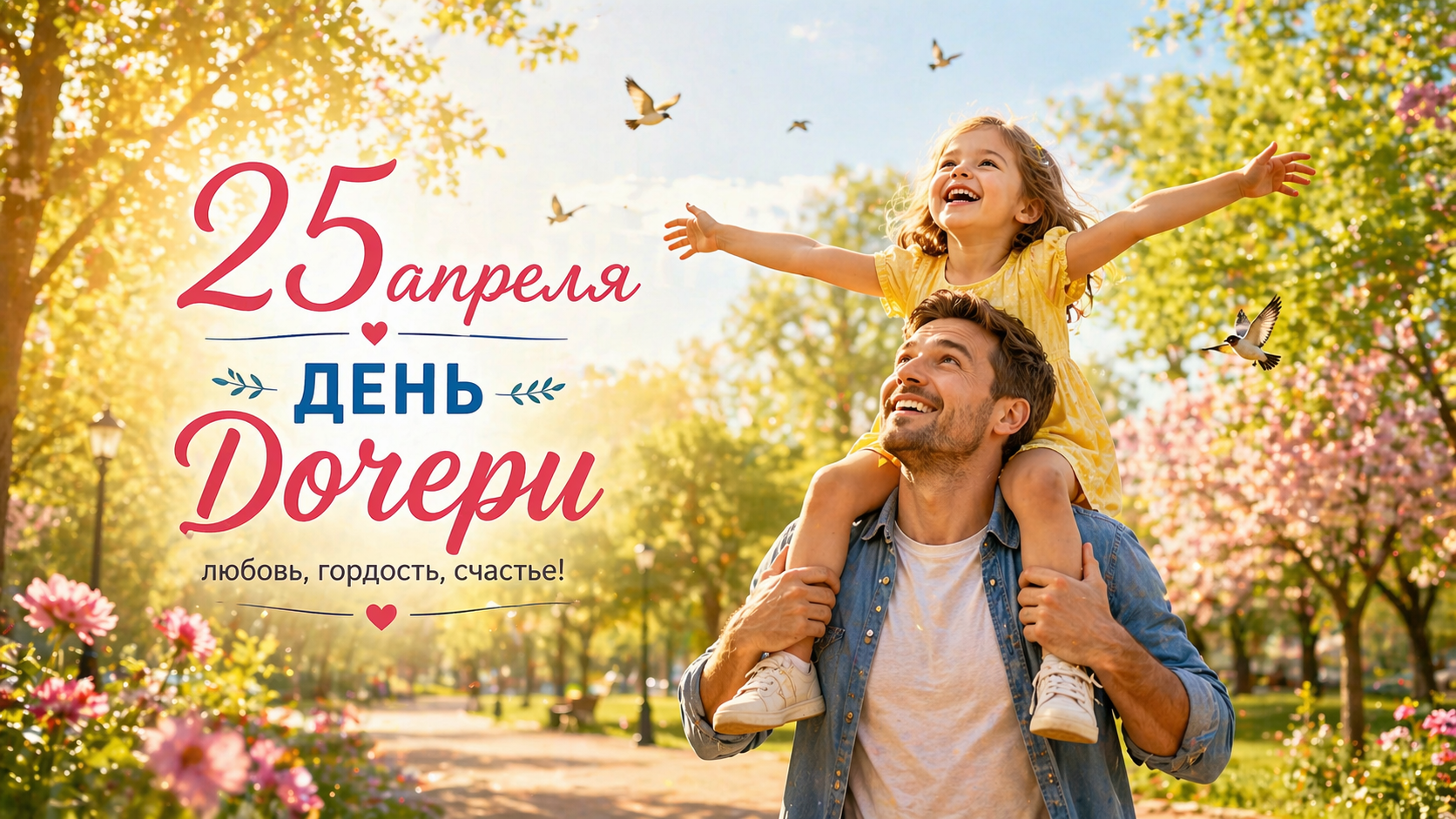 Отец обнимает дочь на фоне весеннего парка, солнечный свет.
