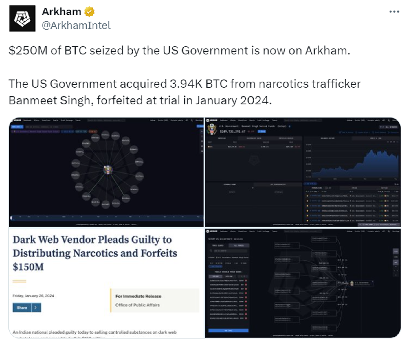 US authorities confiscate $250 million worth of bitcoins belonging to a  drug dealer