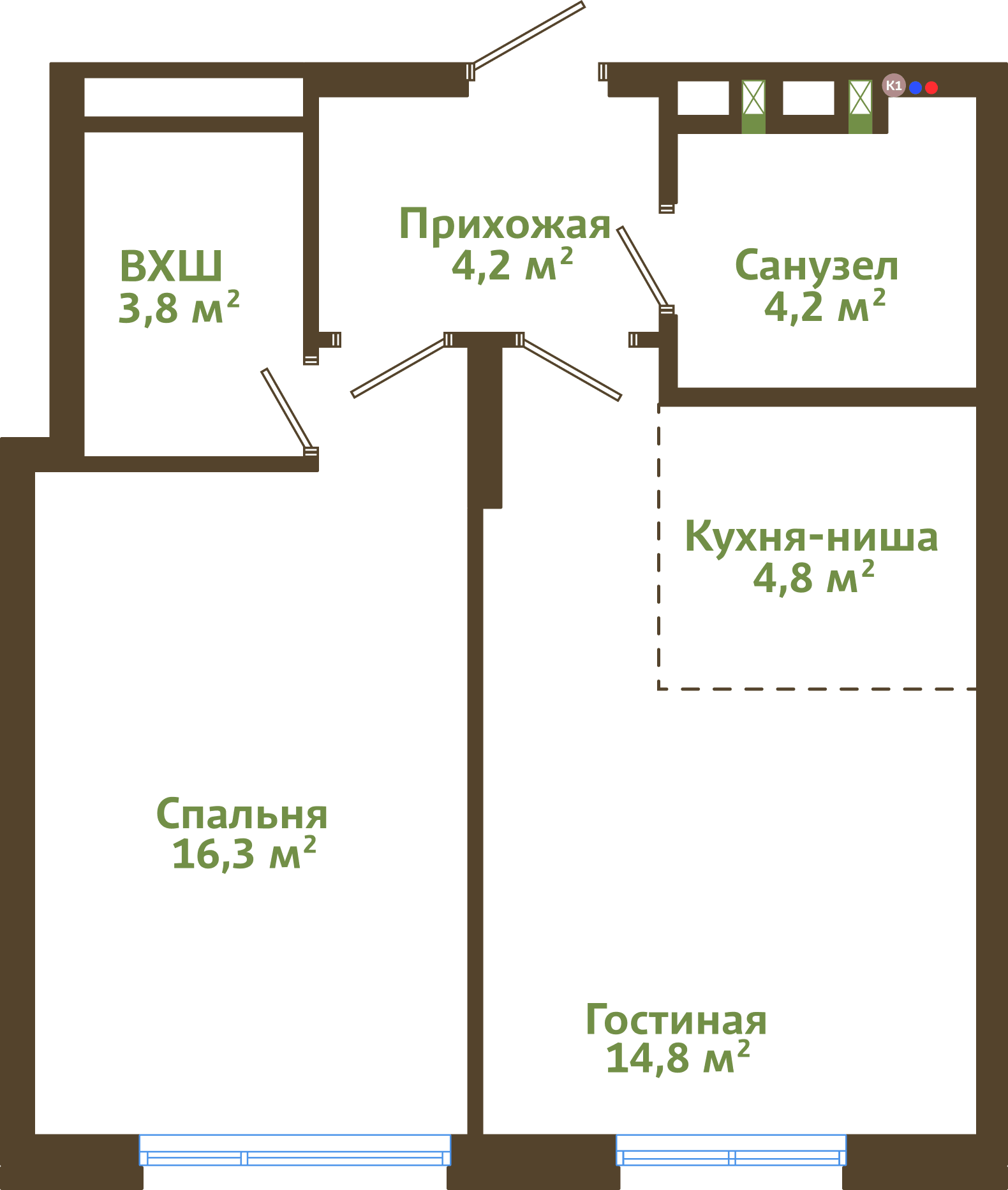 Планировка 2-комнатной квартиры 48,10 м²