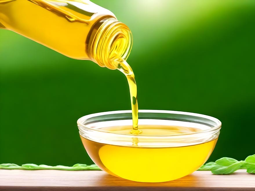 Pouring neem oil into a clear bowl, emphasizing its use in homemade organic pesticides for effective pest control in gardens.