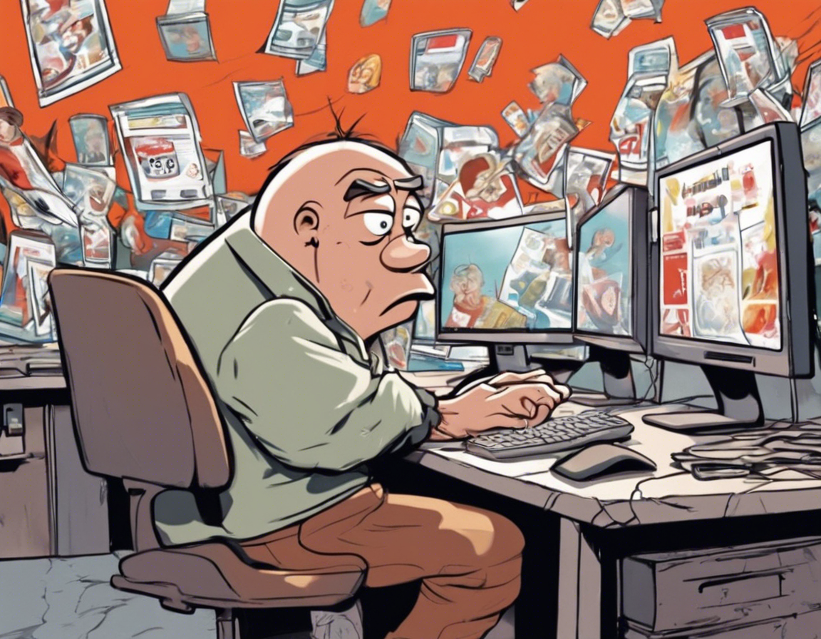 расстроенный мультяшный персонаж, окруженный всплывающими объявлениями на экране компьютера