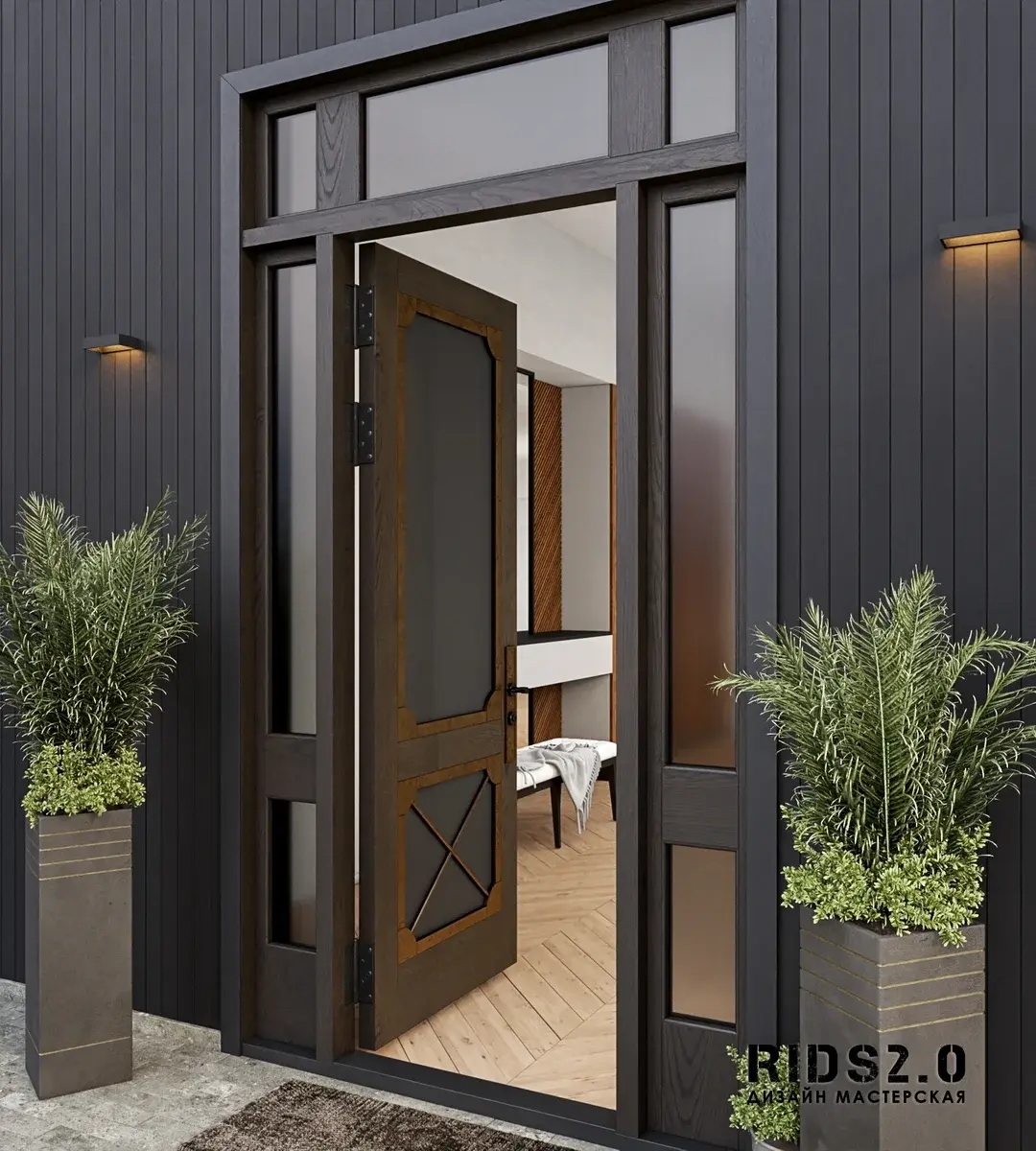 Входная деревянная дверь из массива со стеклом