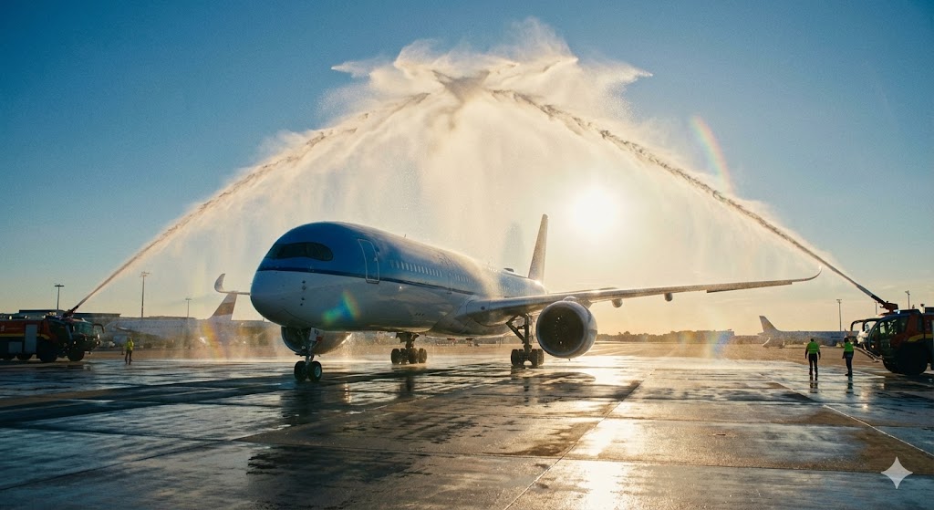 Торжественная водяная арка для самолета в аэропорту