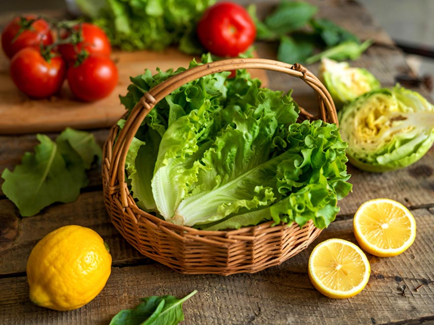 Basket of fresh butterhead lettuce surrounded by tomatoes, lemon halves, and leafy greens on a rustic wooden surface, illustrating ingredients for indoor salad gardening.