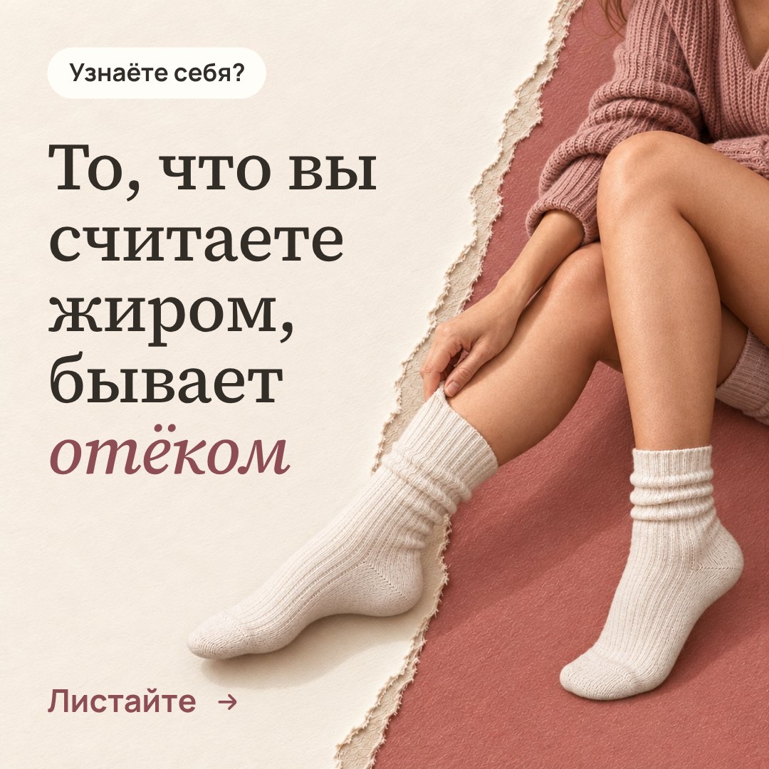 Кадр 1. Обложка: «То, что вы считаете жиром, бывает отёком», ноги в вязаных носках