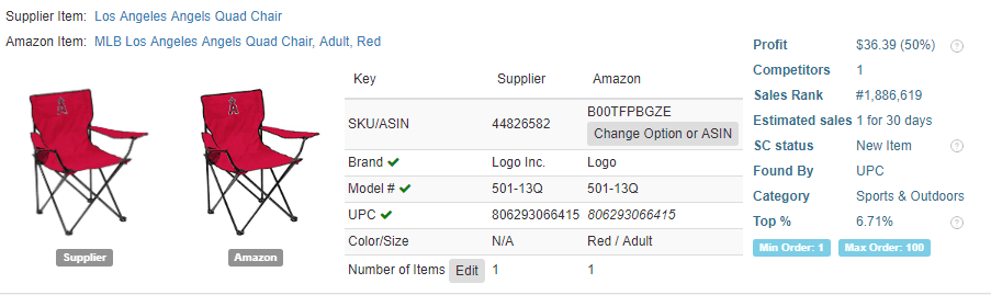 50% and $36.39 profit quad chair for dropshipping from Walmart on Amazon