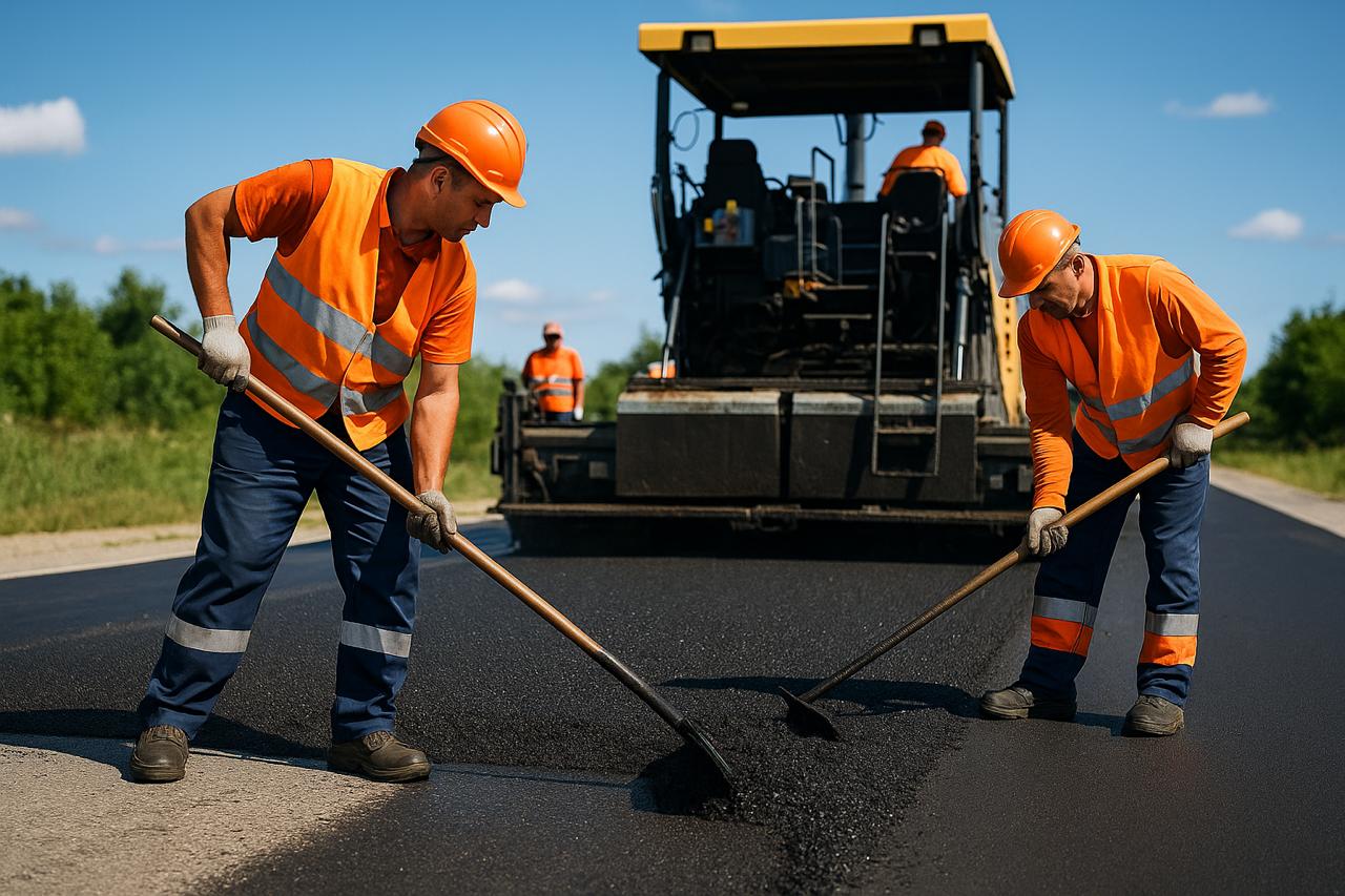 Професионални работници асфалтират път с модерна техника през летен сезон в София – качествено полагане на асфалт
