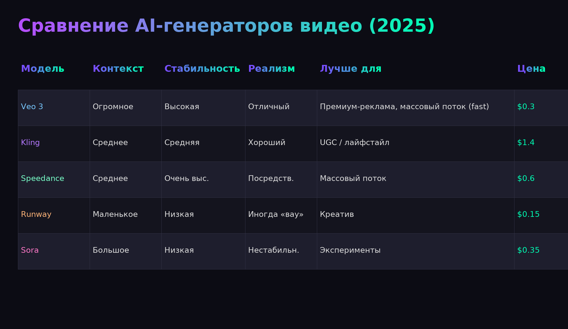 Сравнение моделей Veo 3, Kling, Seedance, Runway, Sora