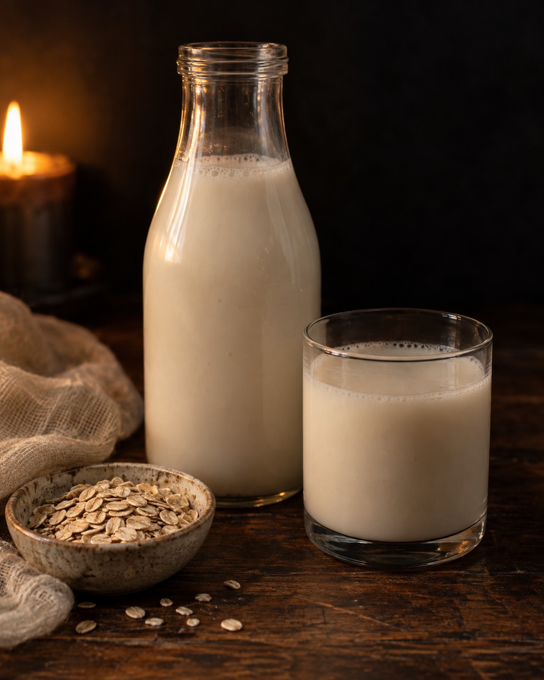 A glass bottle and a glass of homemade oat milk with a bowl of rolled oats and a cloth on a dark wooden table, by Miami private chef Marina Staver