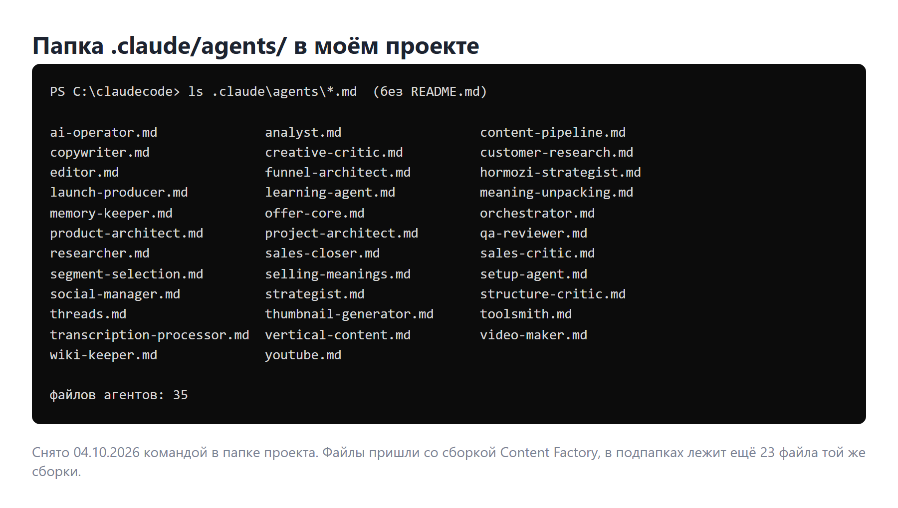Папка .claude/agents в моём проекте: 35 файлов агентов