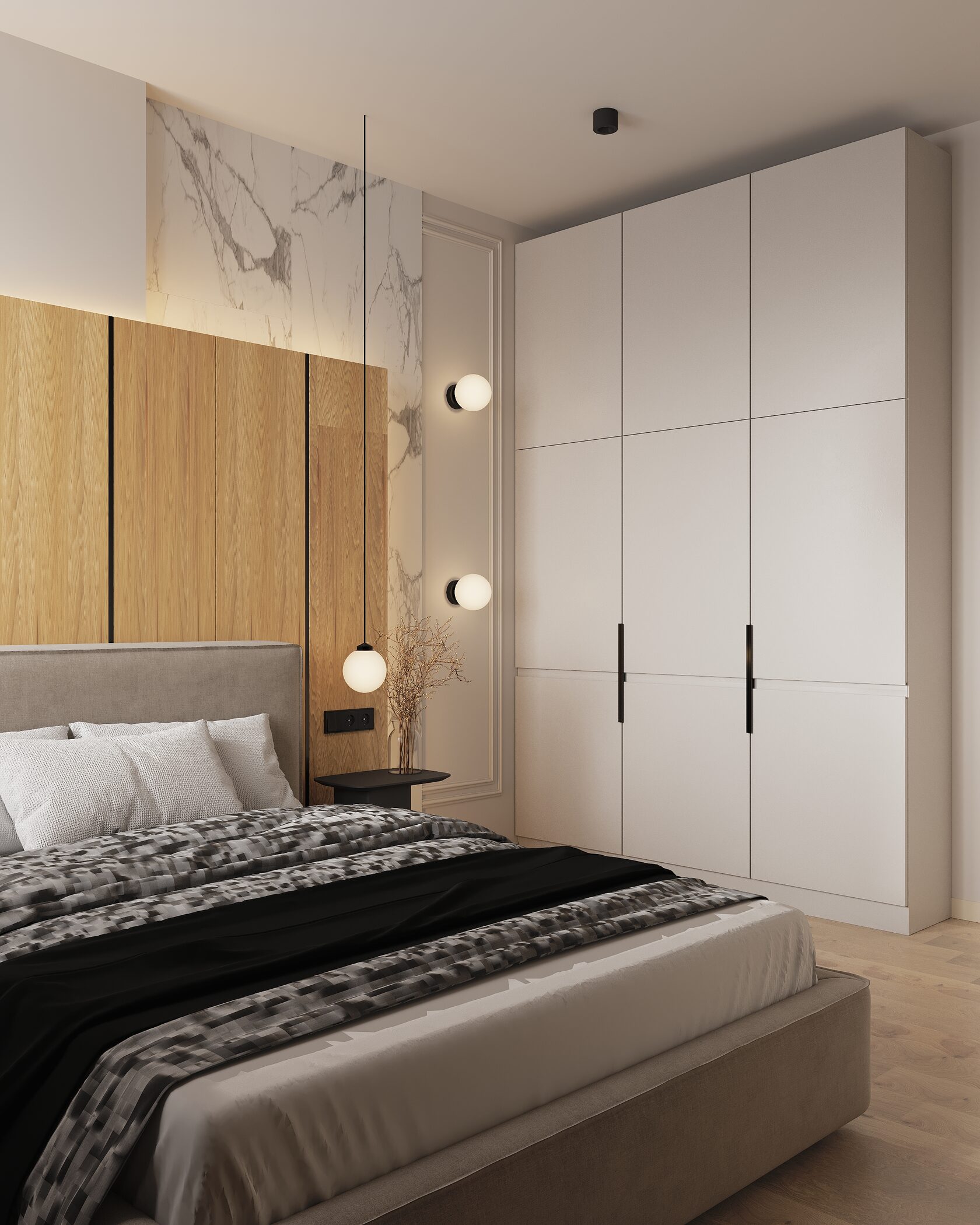 необычное изголовье в интерьере спальни