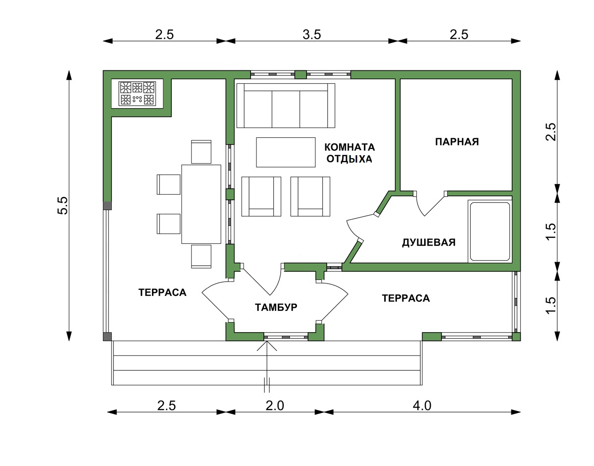 Каркасная баня с комнатой отдыха и террасой