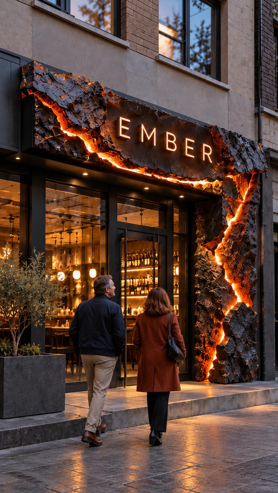 EMBER — скульптурная вывеска, посетители у входа